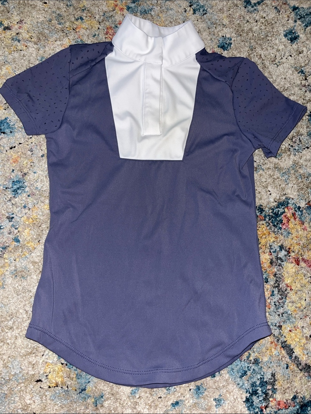 Kids Short Sleeve Performance Riding Shirt - Navy with White Bib